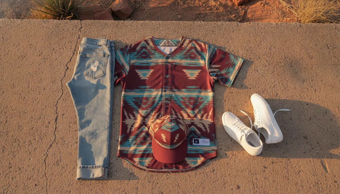 Flat-lay of a Mexican state baseball jersey, cap, and sneakers styled as a streetwear outfit