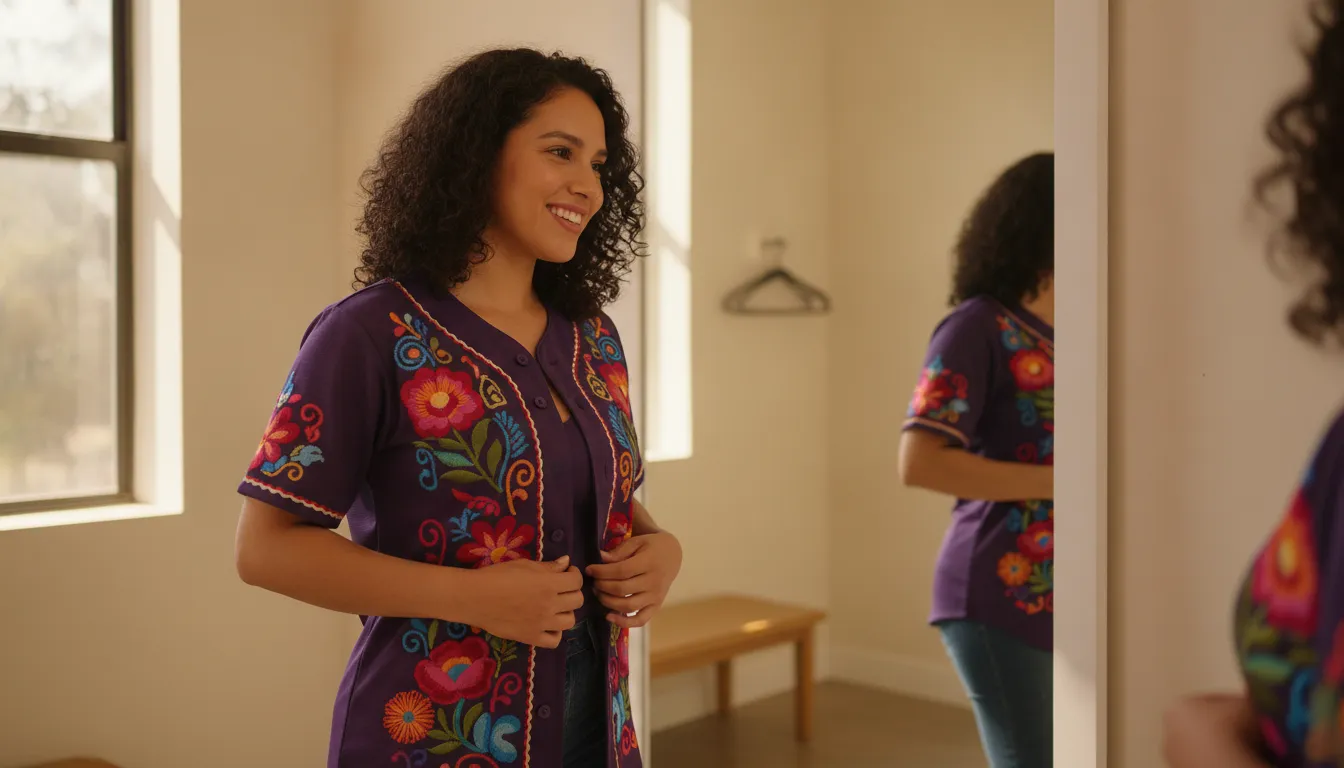 Women comparing the tailored fit of an embroidered Mexican baseball jersey