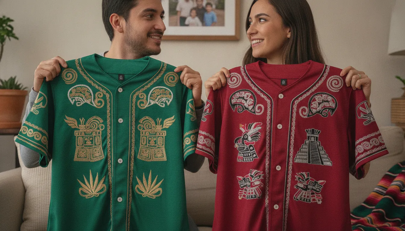 Fans comparing Mexico-inspired baseball jersey styles before buying