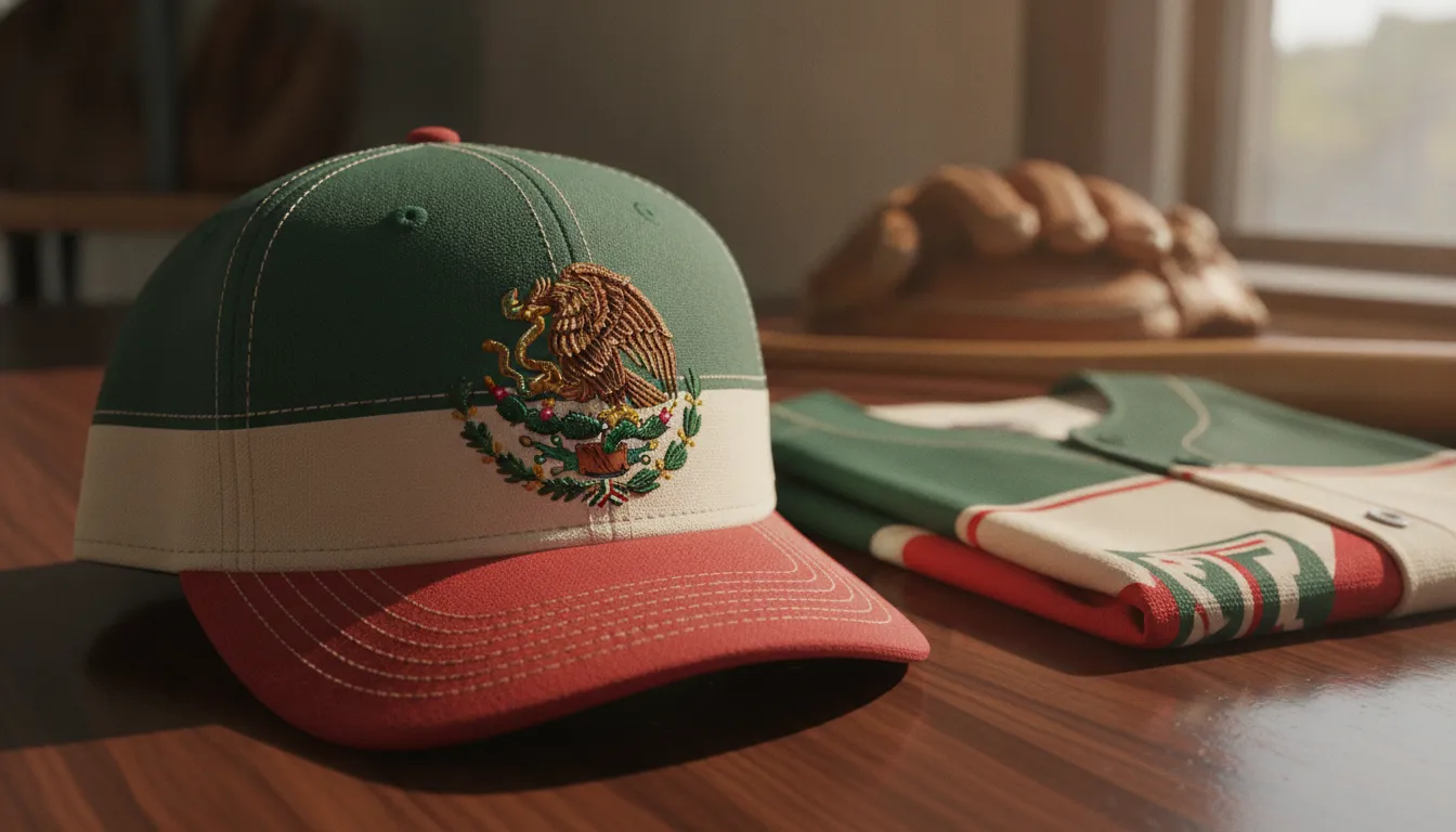 Close view of detailed embroidery on a Mexican beisbol hat