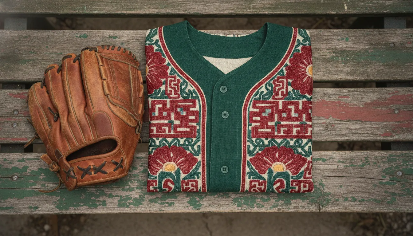 Embroidered retro Mexico baseball jersey folded beside a baseball glove