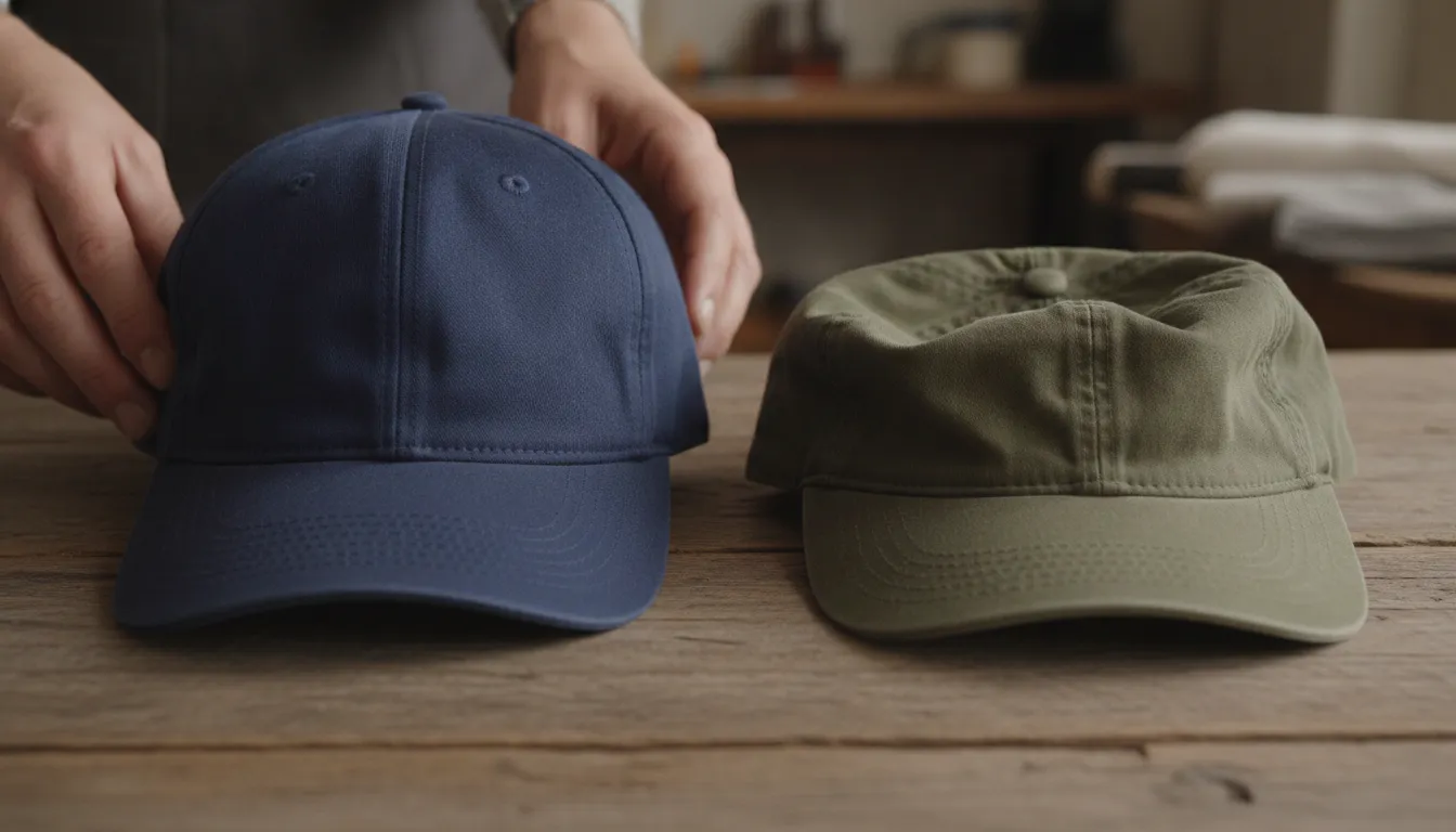 Two baseball caps side by side while an artisan inspects the fabric and stitching