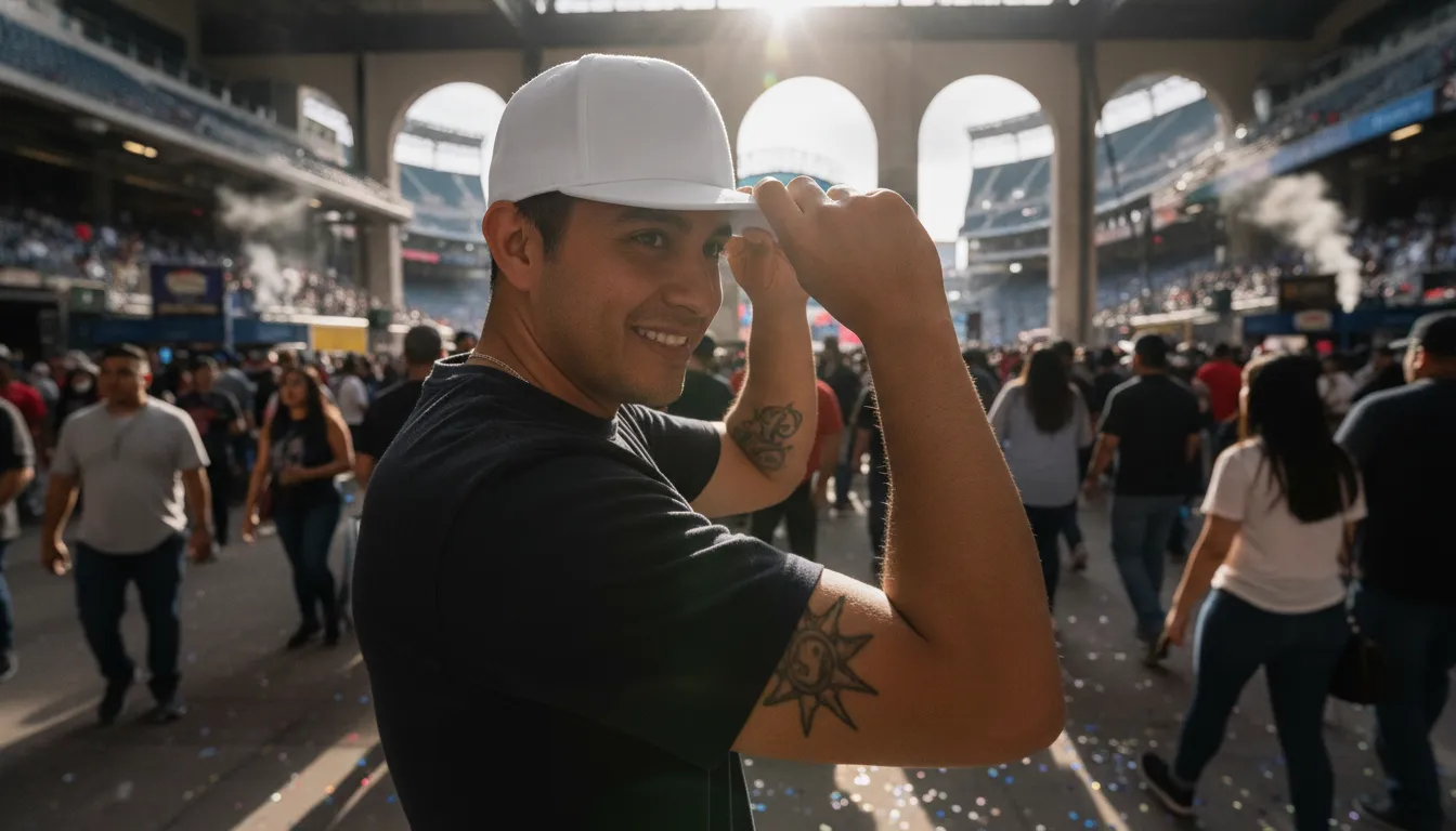 A fan adjusting a structured Beisbol Dandy cap in a stadium concourse