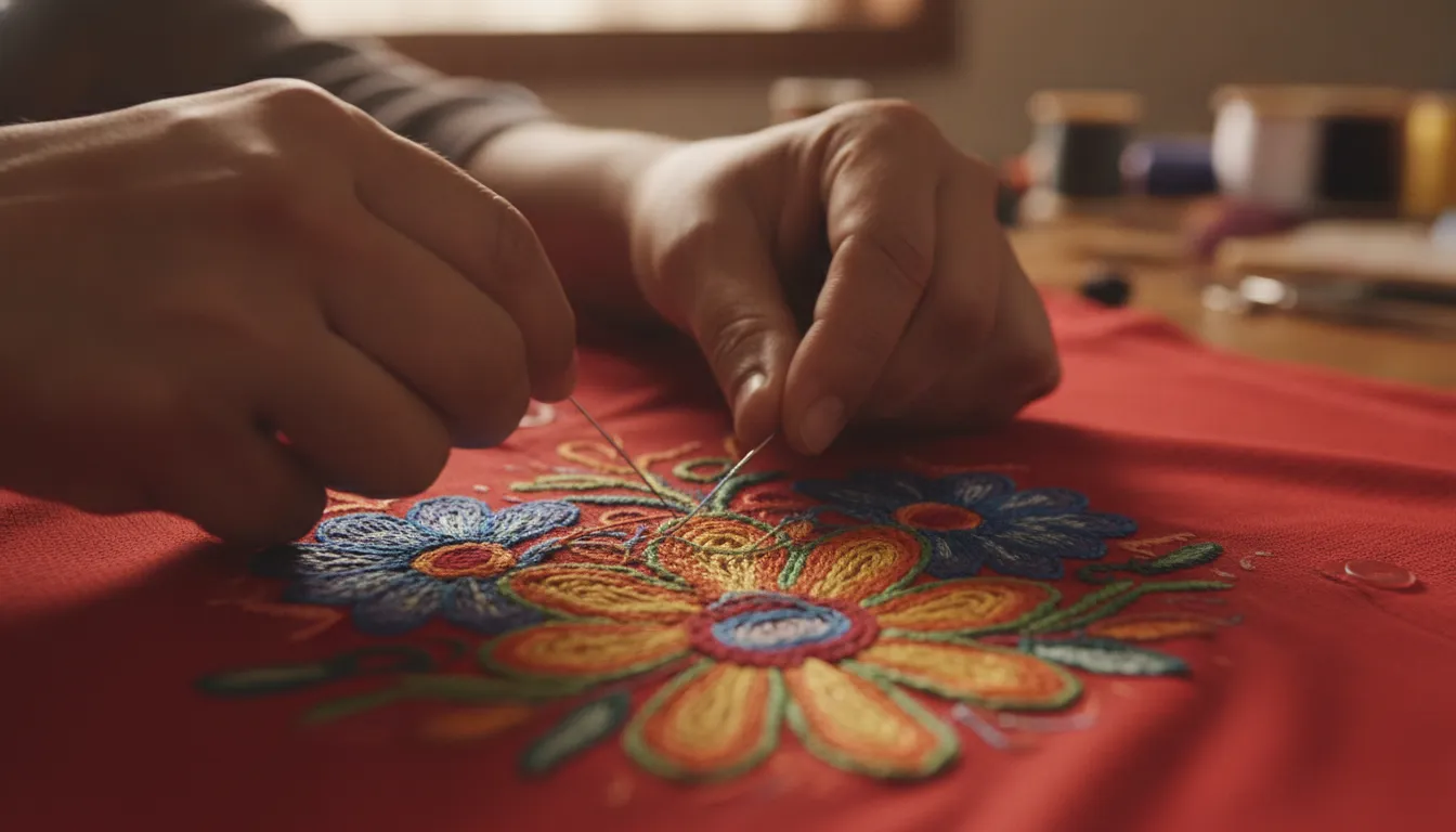 Artisan hands threading dense embroidery across a red Mexican baseball jersey