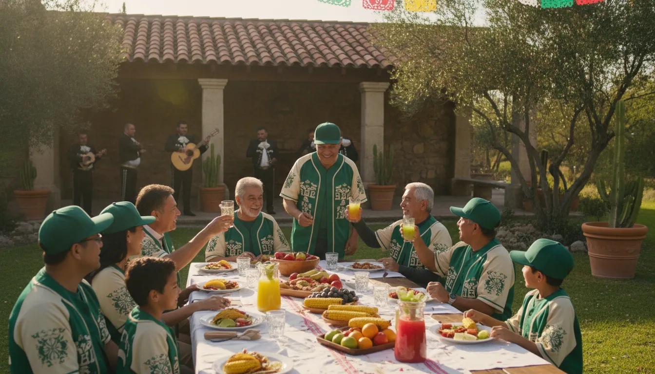 Multigenerational family wearing matching Mexican baseball jerseys at a gathering