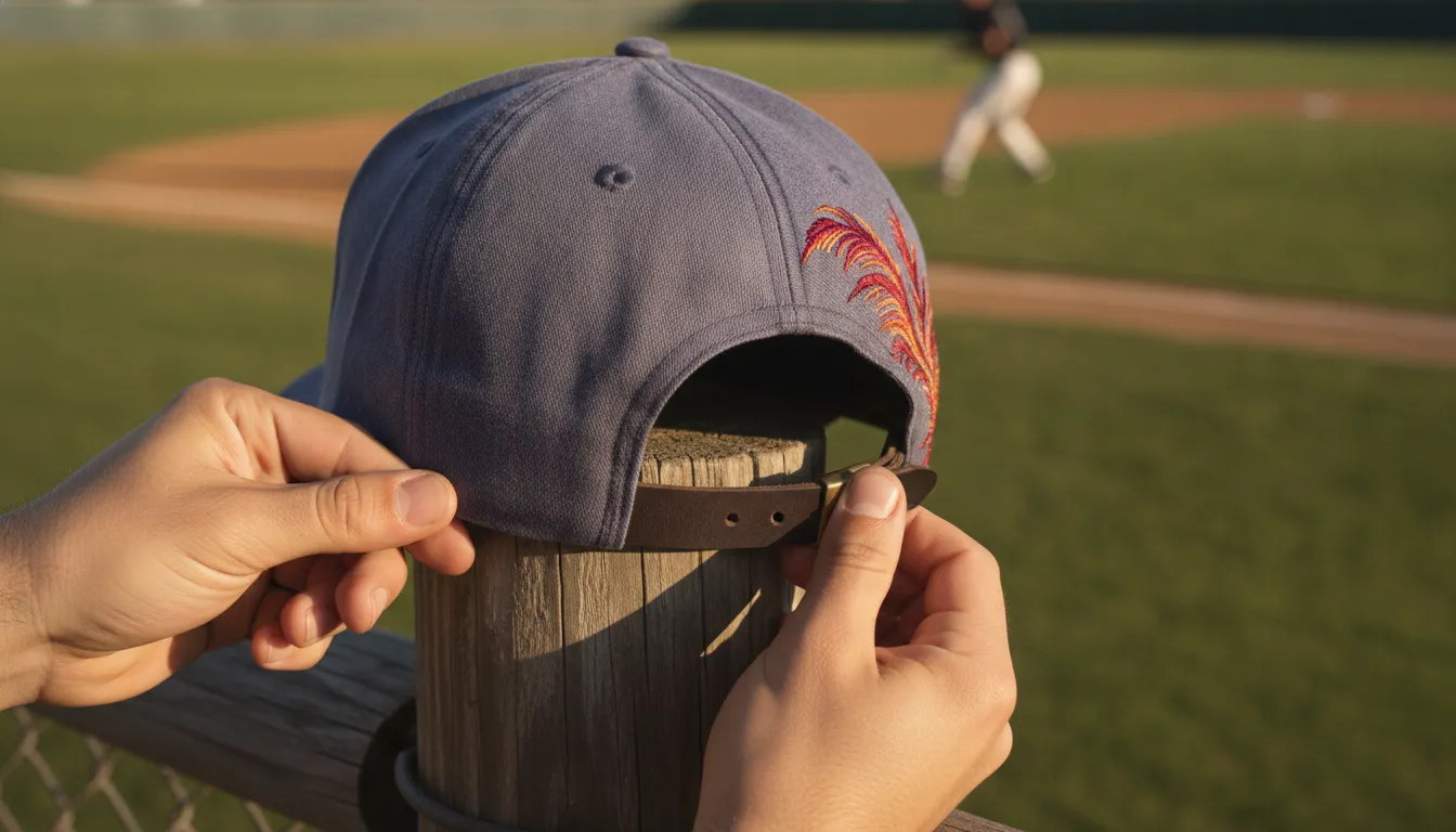 Hands adjusting the adjustable-back strap of a structured embroidered Gallo Fino sports hat on a game day