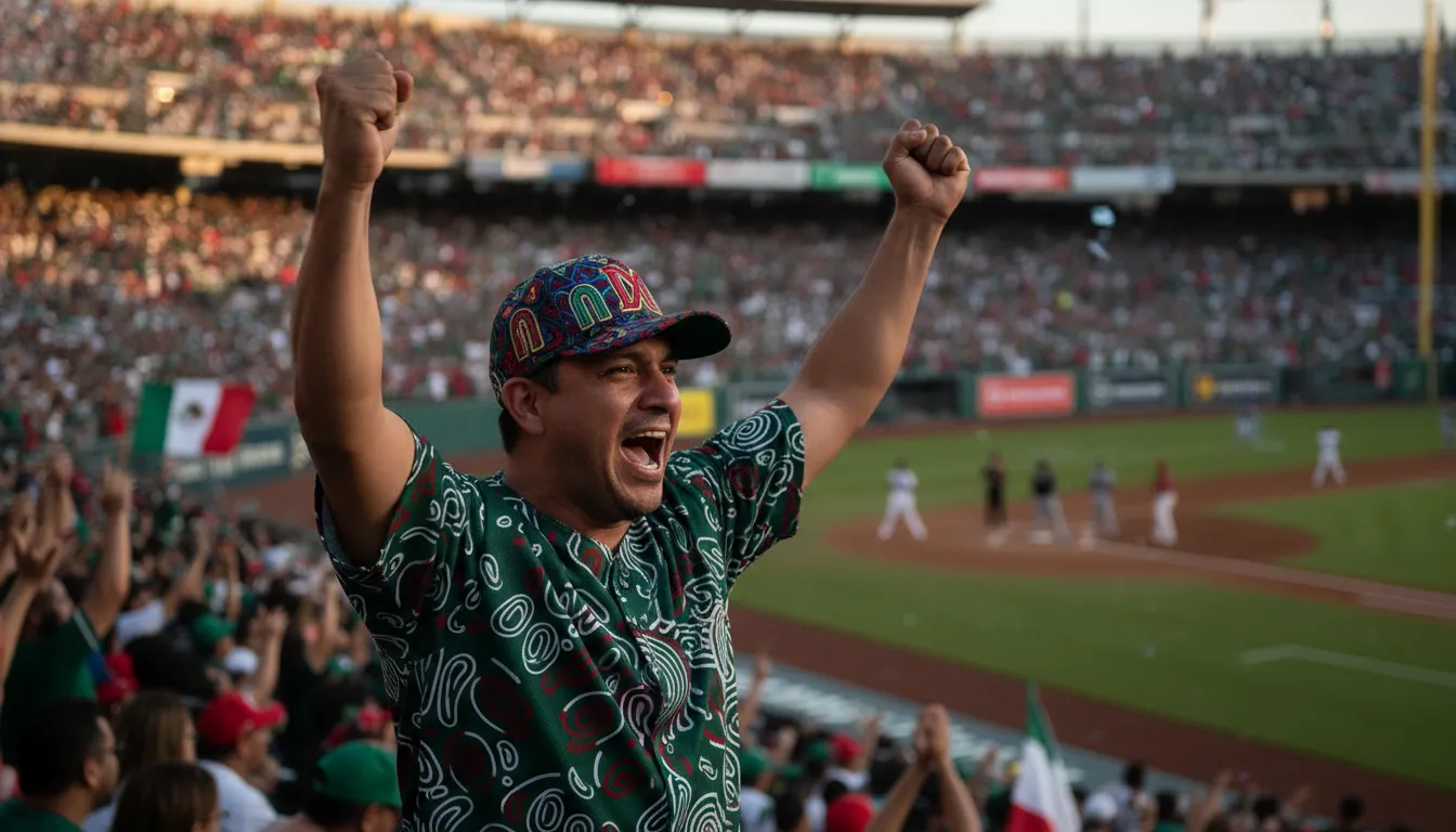 Mexican baseball fan wearing a structured embroidered Dandy cap with a jersey at a stadium game