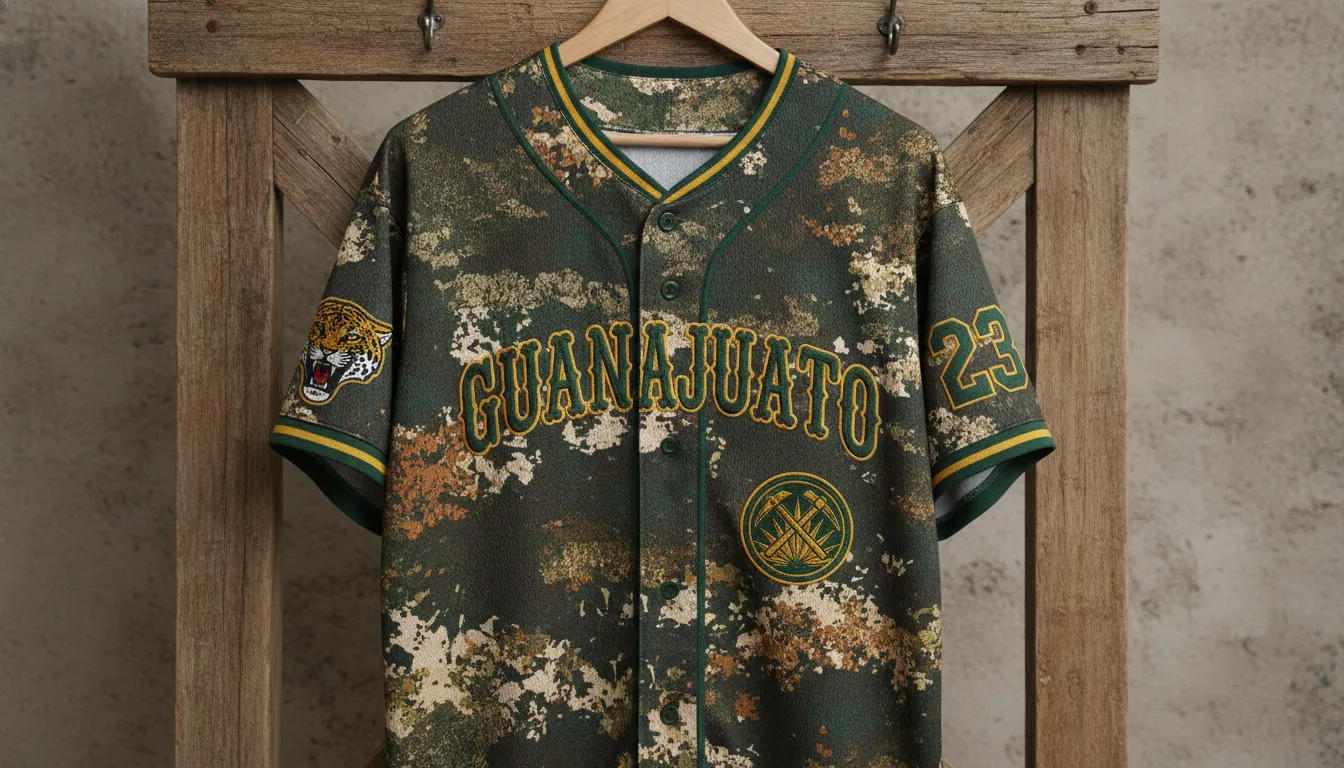 Guanajuato Camo baseball jersey with camouflage pattern and embroidered state details