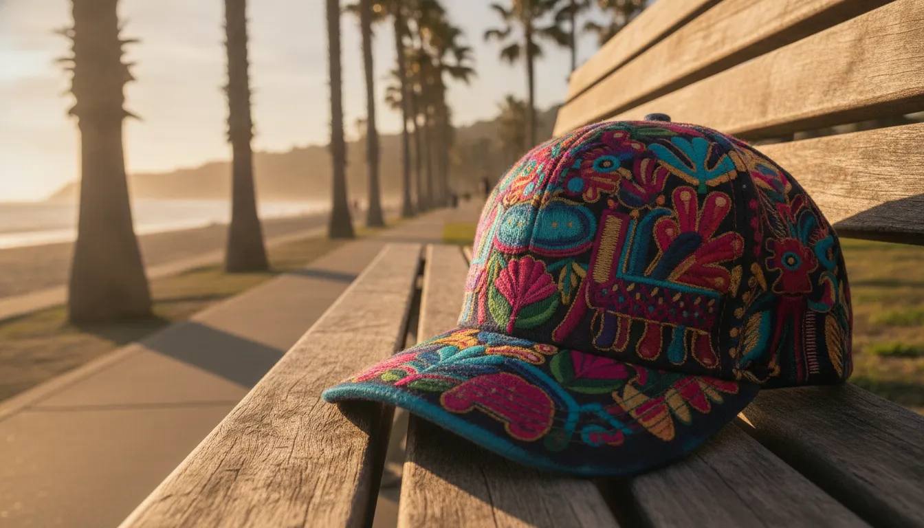 Embroidered Mexican-style beisbol cap styled on a sunlit West Coast park bench