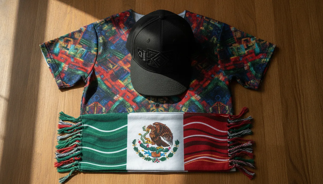 Joven con Victory Hat negro y jersey mexicano en un look de día de partido