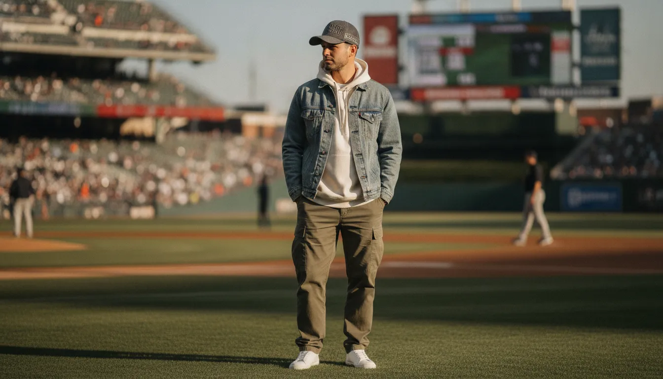Lifestyle shot of a man wearing a beisbol luxury hat at a day game