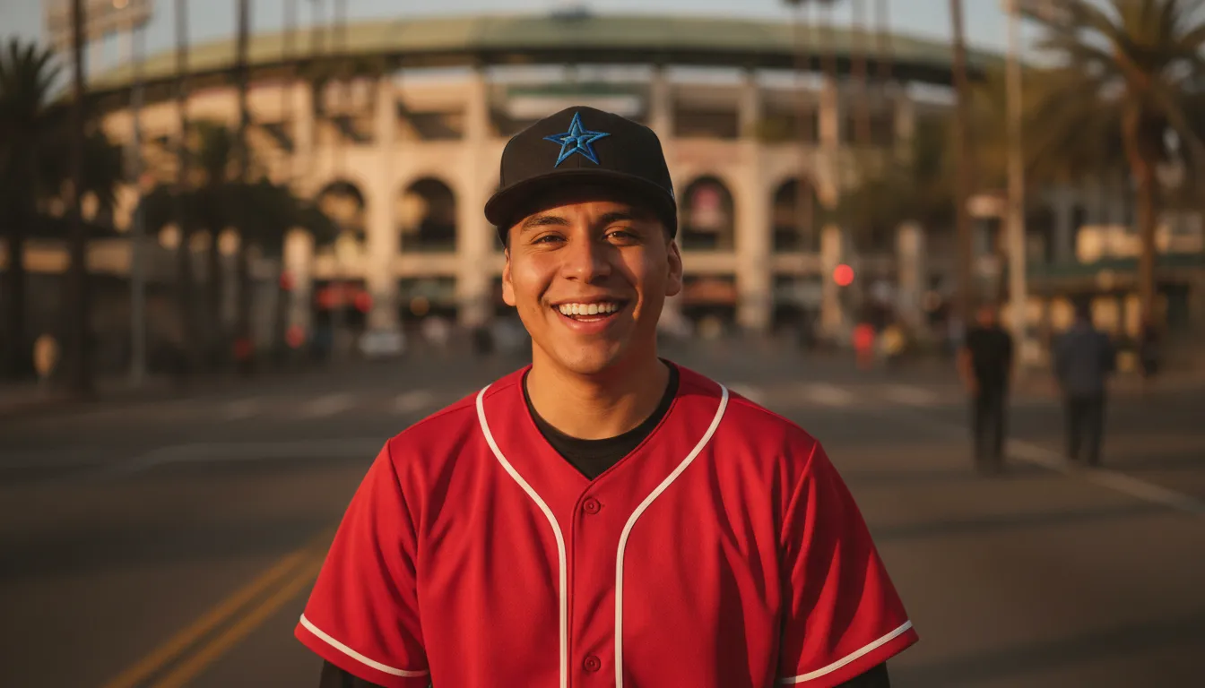 Hombre con jersey rojo de beisbol y gorra negra estructurada con estrellas azules en la calle