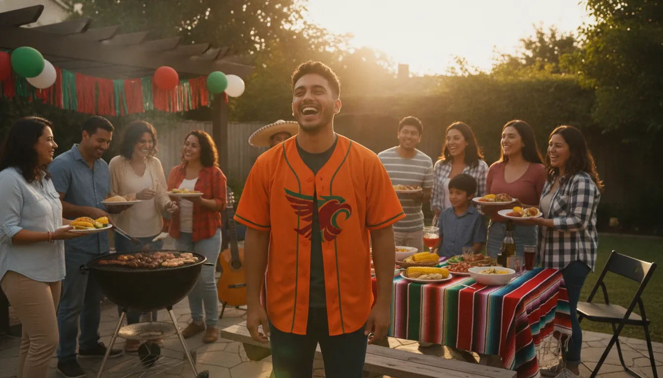Un joven mexicoamericano vistiendo un jersey de beisbol naranja de su estado en una reunion familiar