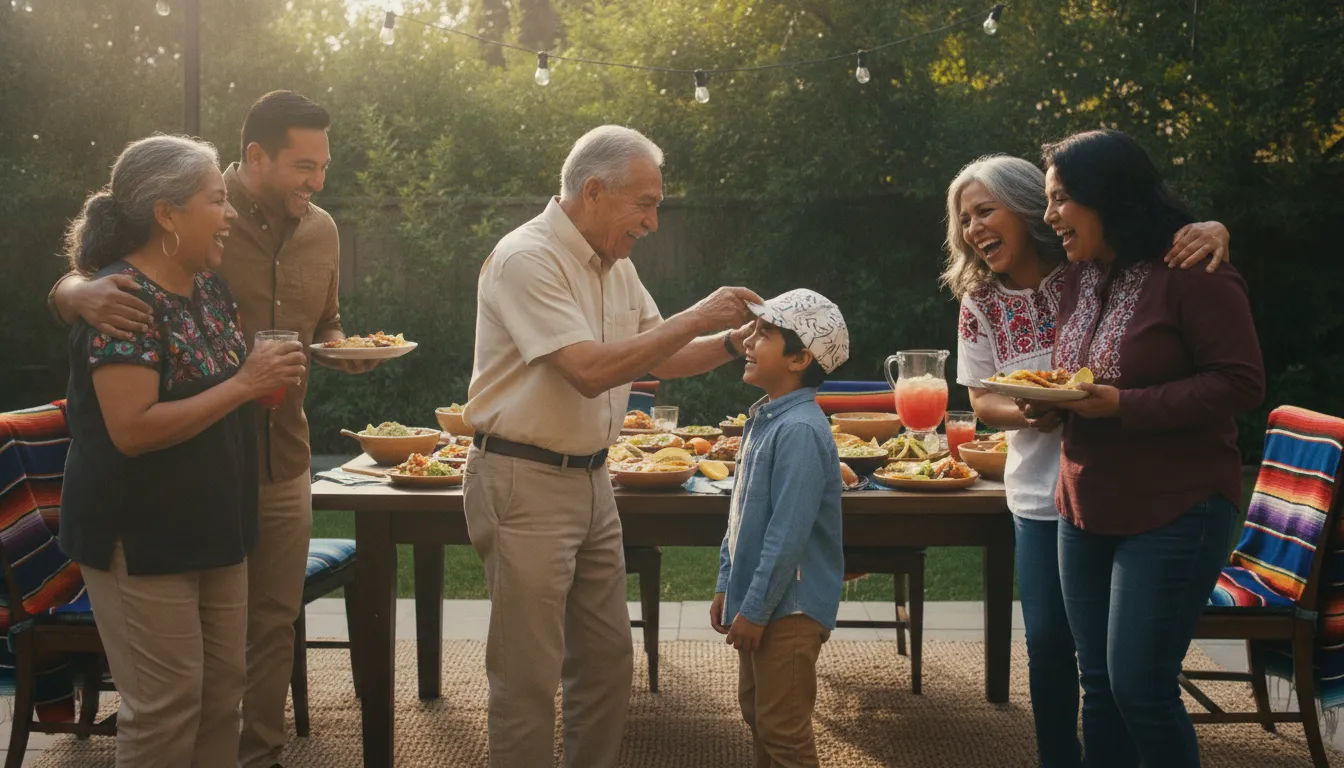 A three-generation Mexican-American family together at a backyard gathering
