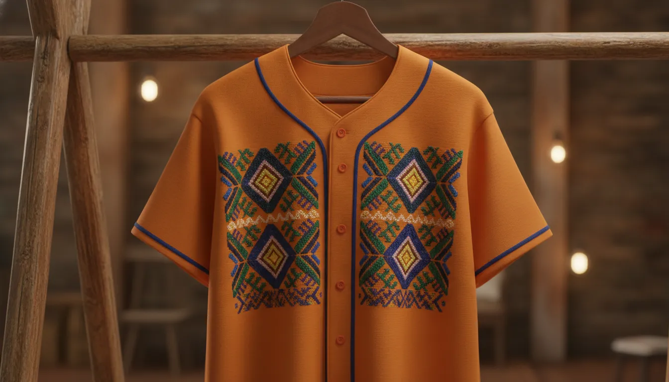 Jersey de béisbol mexicano profesional con bordado hecho en México colgado en un perchero de madera