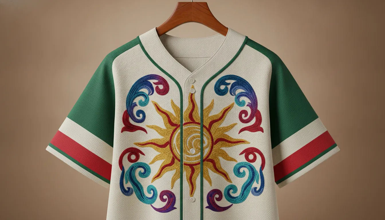 Premium embroidered Mexican state baseball jersey in vibrant colors ready for everyday street styling