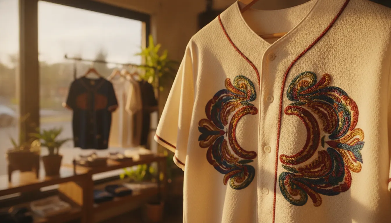 Detalle de tejido y bordado en una camisola de béisbol mexicana premium