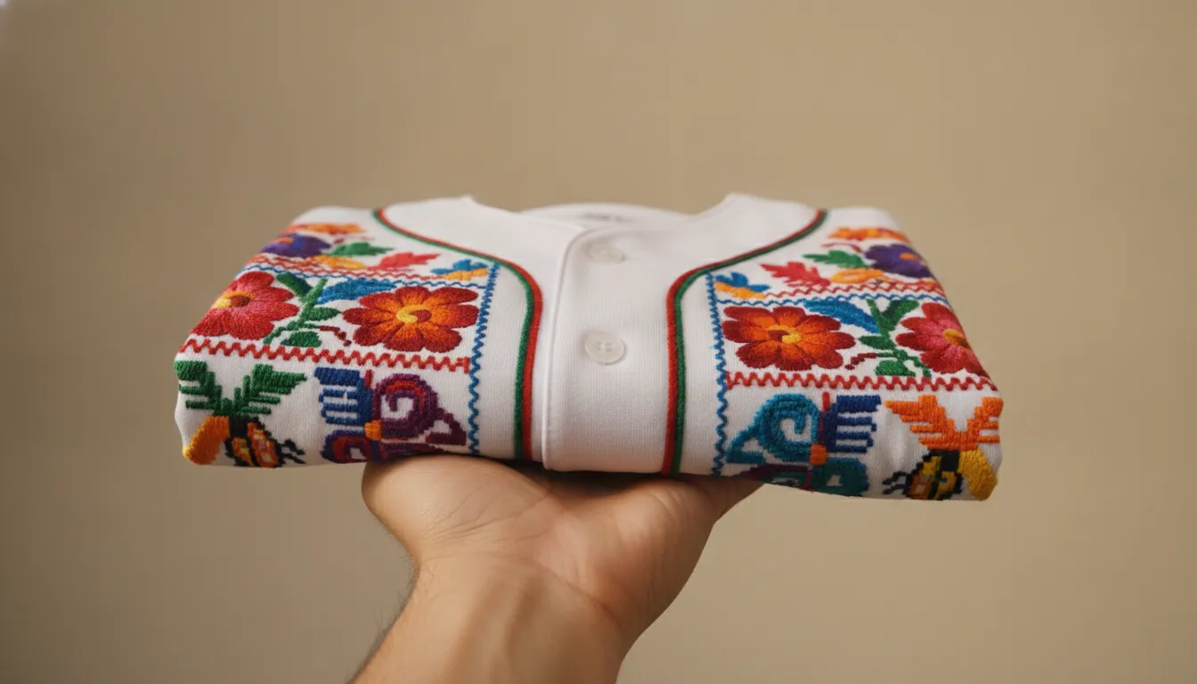 Embroidered Mexican baseball jersey in warm orange and green tones laid flat