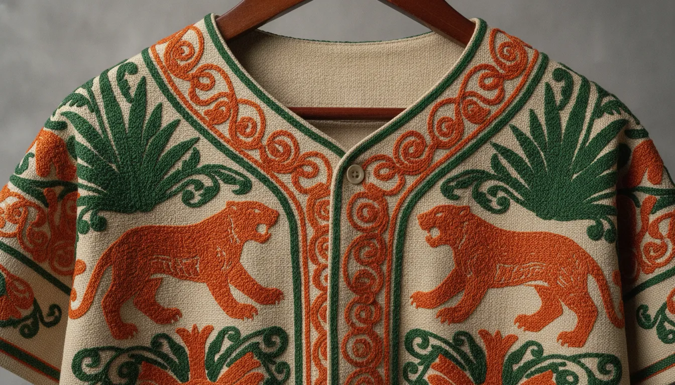 Embroidered Mexican state baseball jersey with detailed stitching and premium fabric on a hanger
