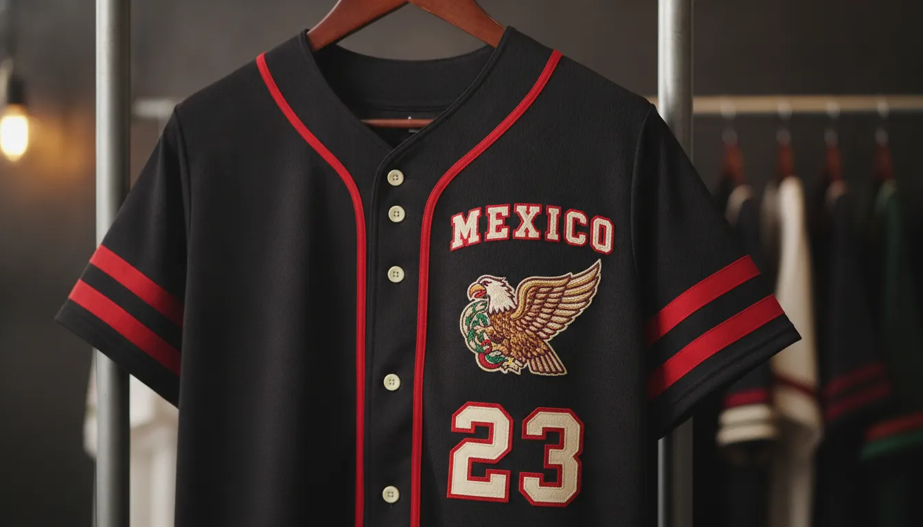 Close up of black and red La Mexicana baseball jersey showing embroidered crest and premium fabric texture