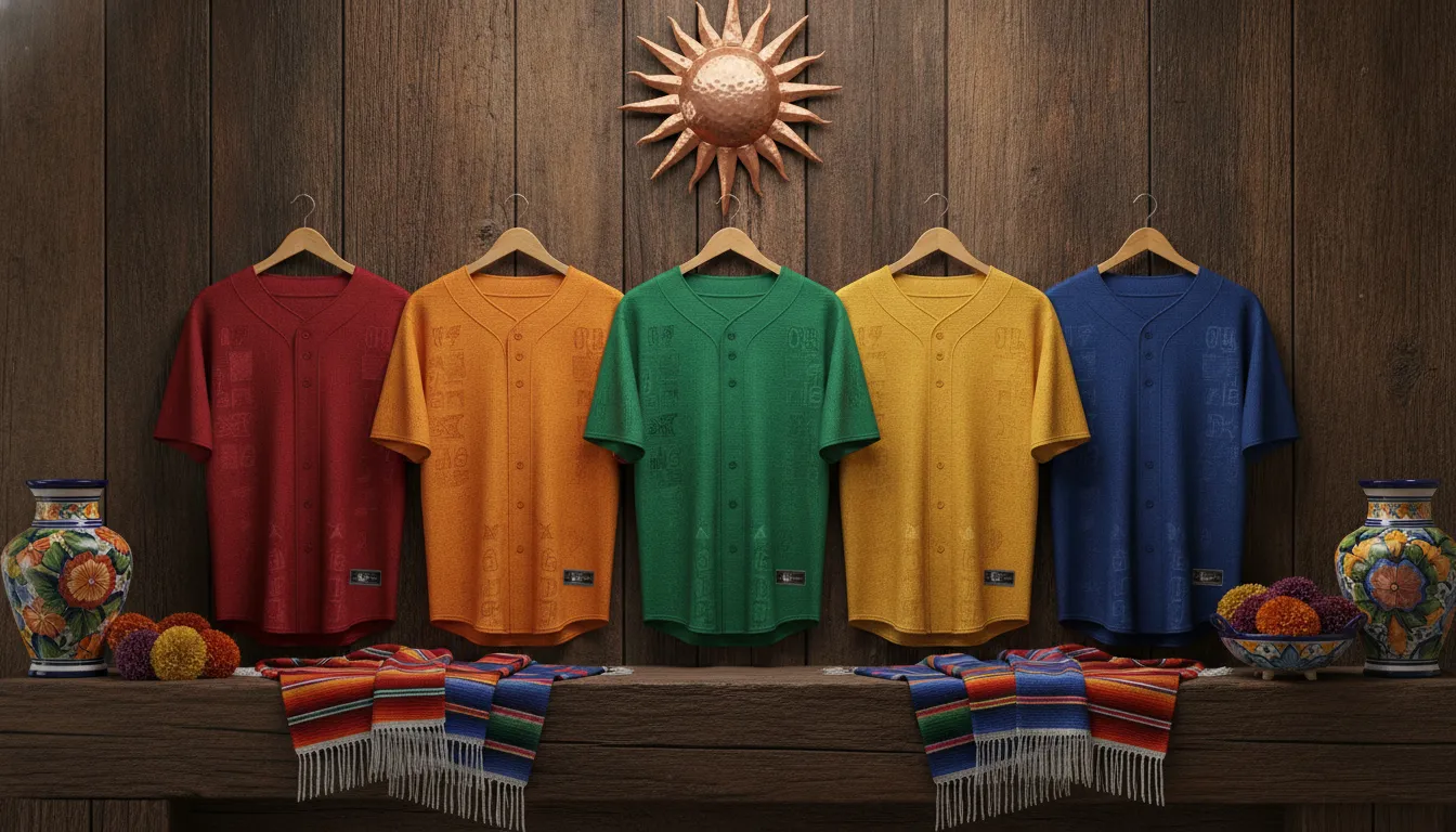 Coleccion de jerseys de beisbol estatales mexicanos en rojo, naranja, verde, dorado y azul mostrando artesania autentica