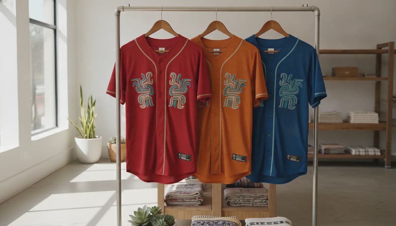 Tres jerseys de béisbol de estados mexicanos en rojo, naranja y azul colgados en perchero