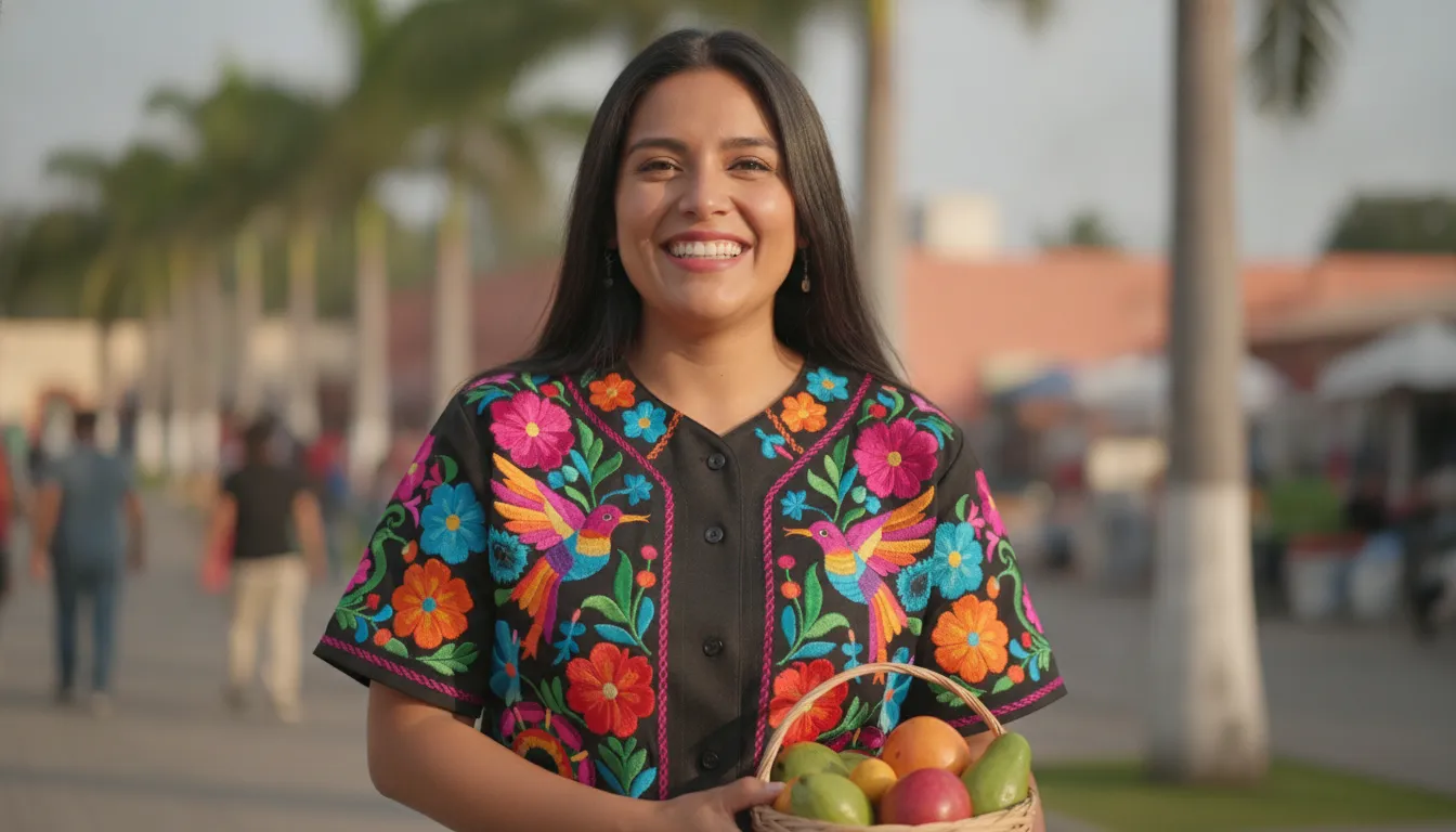 Mujer latina vistiendo el la mexicana baseball jersey negro con bordados mexicanos coloridos