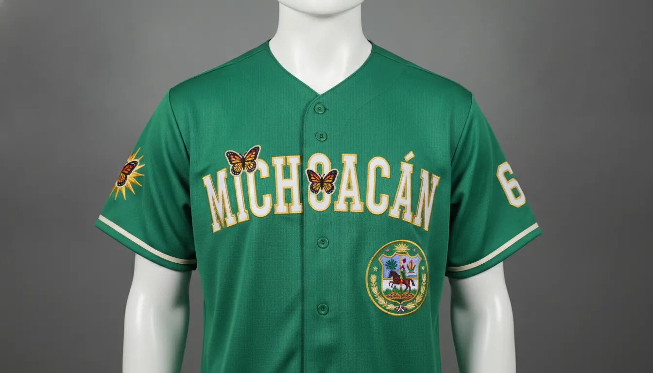 Green Michoacan state pride baseball jersey with professional embroidery on display