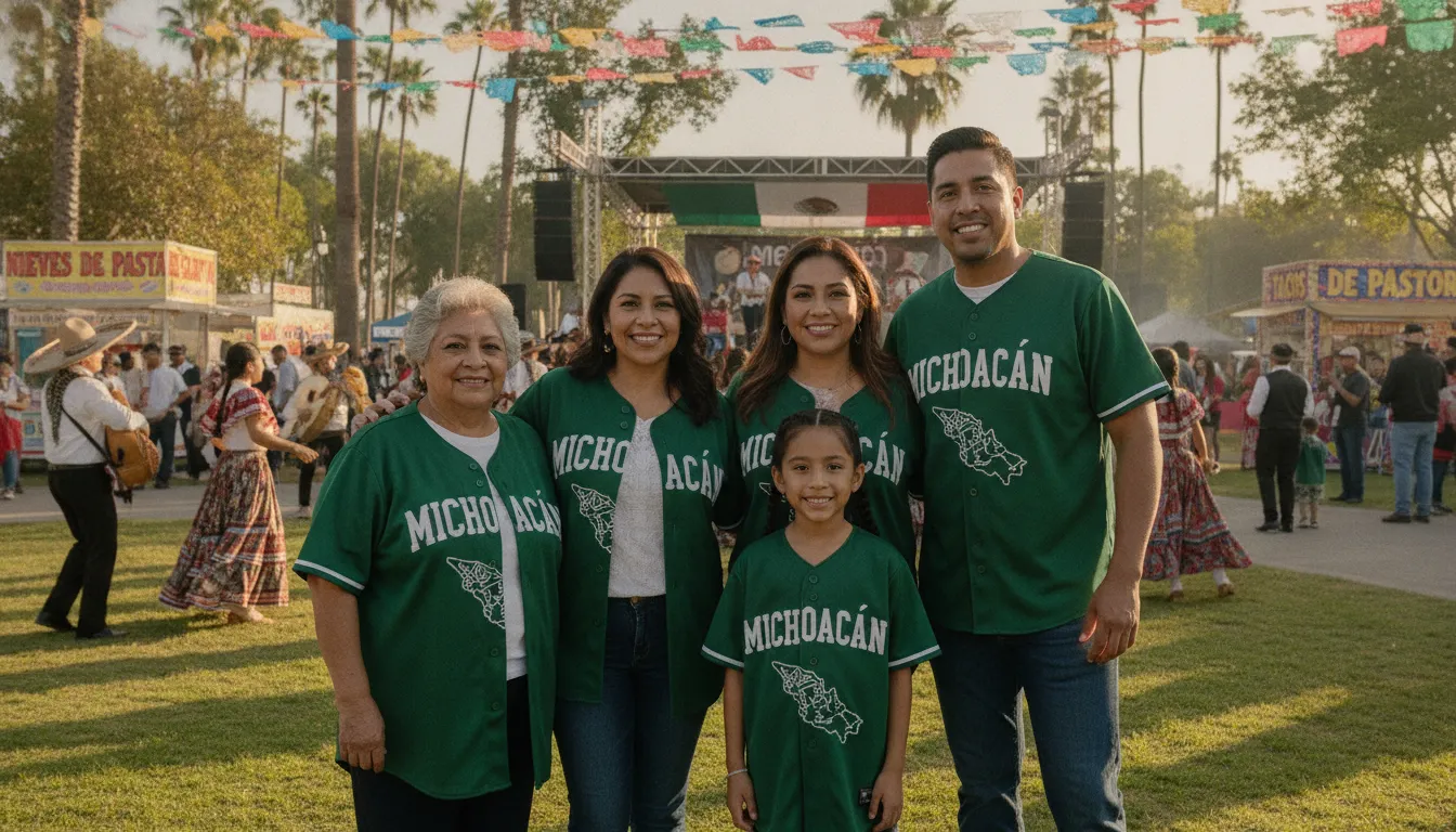 Mexican-American family wearing green Michoacan state pride baseball jerseys at a community event