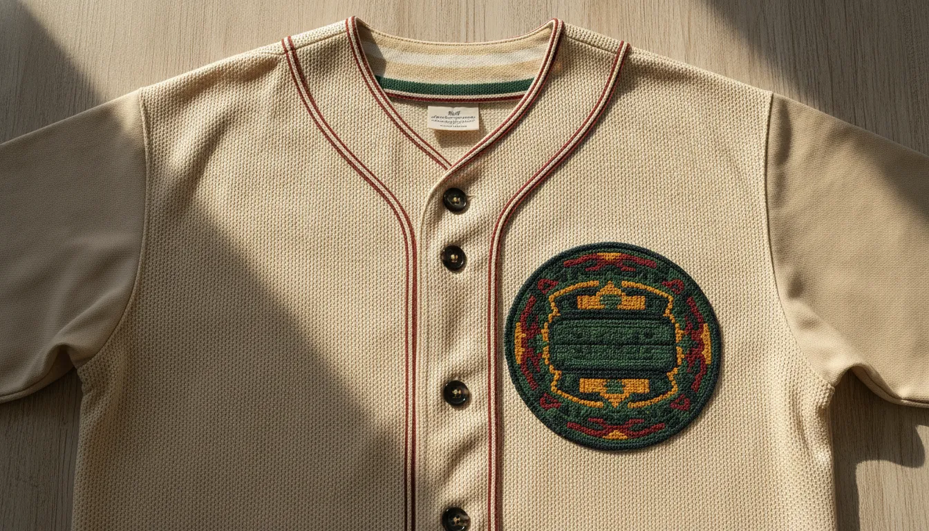 Close view of embroidery, buttons, and seams on a Mexico-inspired baseball jersey