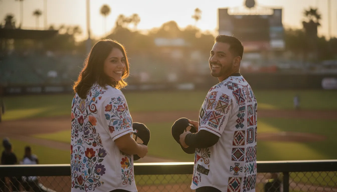 Adults styling Mexican state pride jerseys at a baseball park