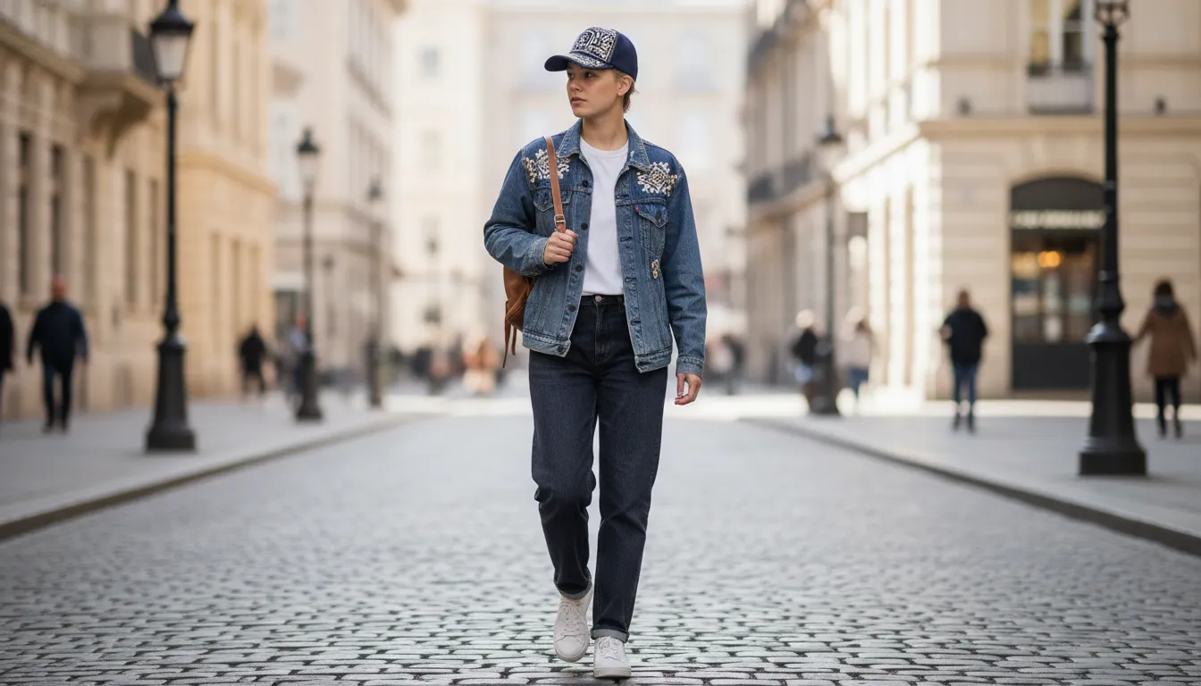 Stylish person on a city street wearing a structured embroidered Dandy cap with a tee and denim jacket