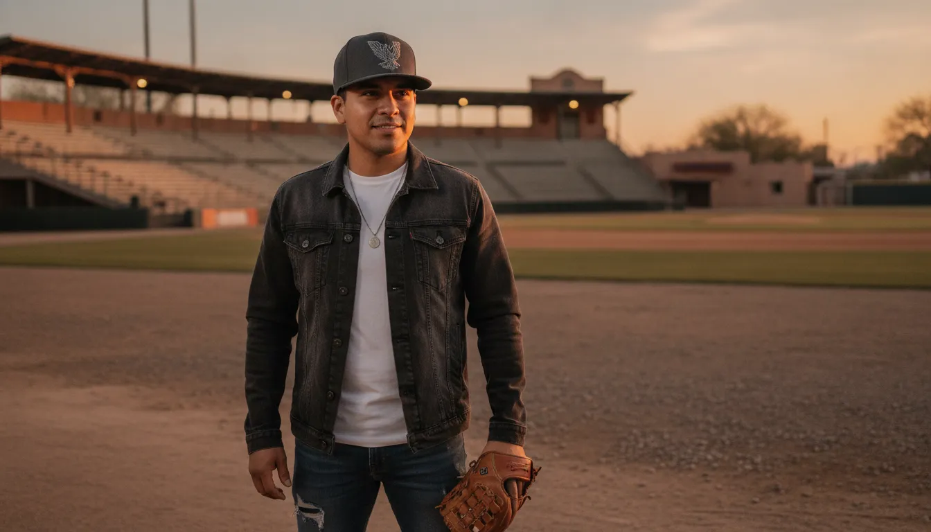 Latino man styling an embroidered Gallo Fino sports hat with a denim streetwear outfit near a ballpark