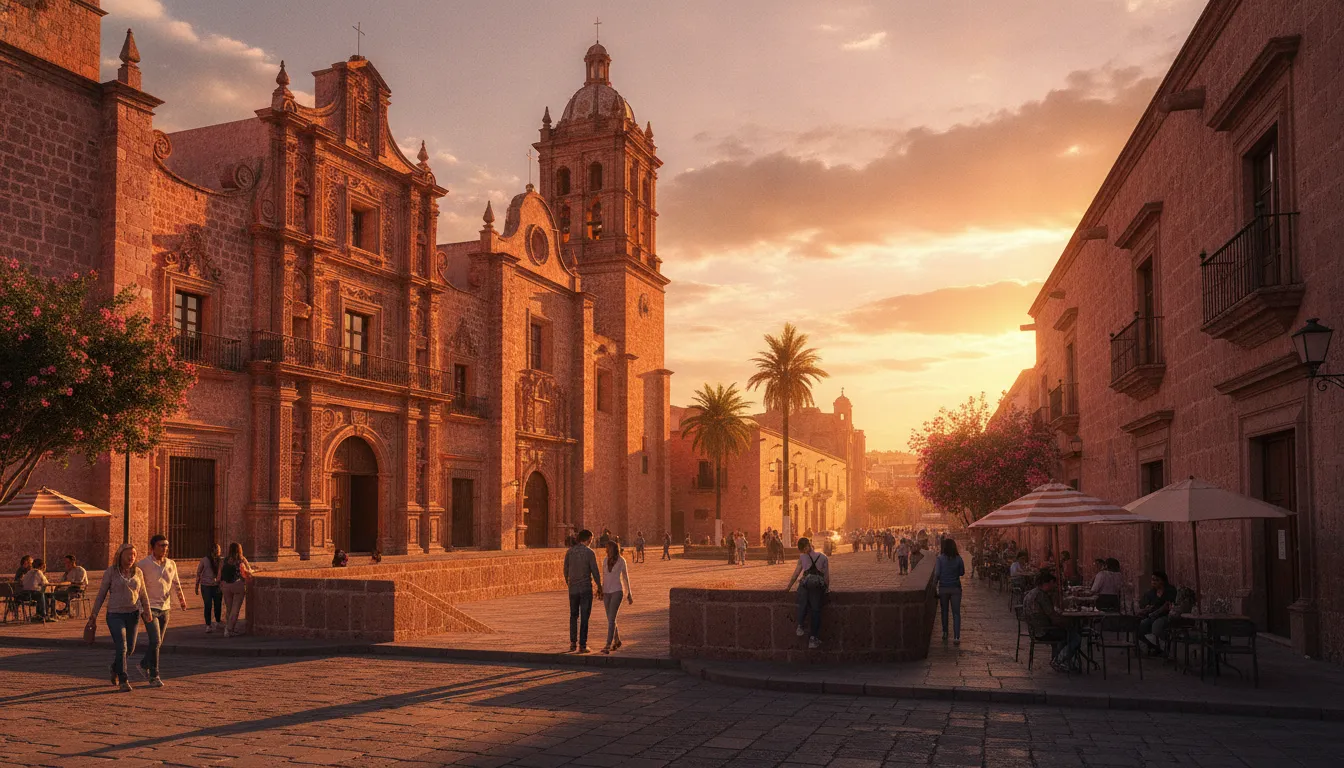 Colonial Zacatecas cityscape at sunset showing pink cantera stone buildings glowing in warm orange light