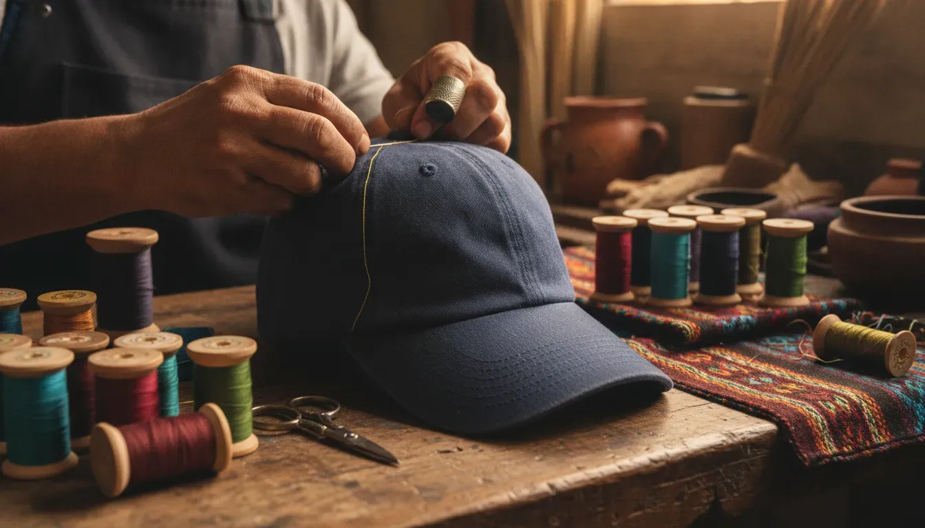 Artisan hands embroidering a premium made-in-Mexico Gallo Fino baseball cap