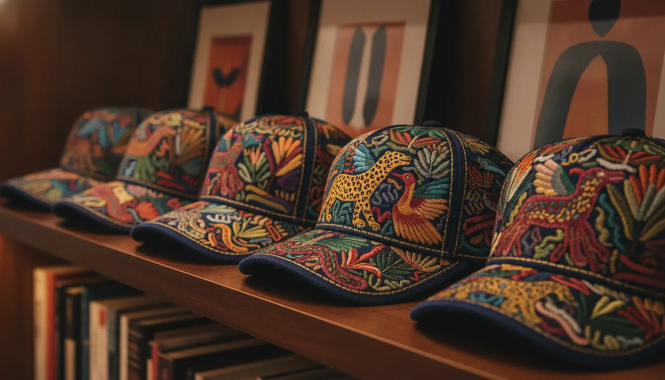 Beisbol Gallo Fino collector hats showing embroidered Mexican details and professional craftsmanship