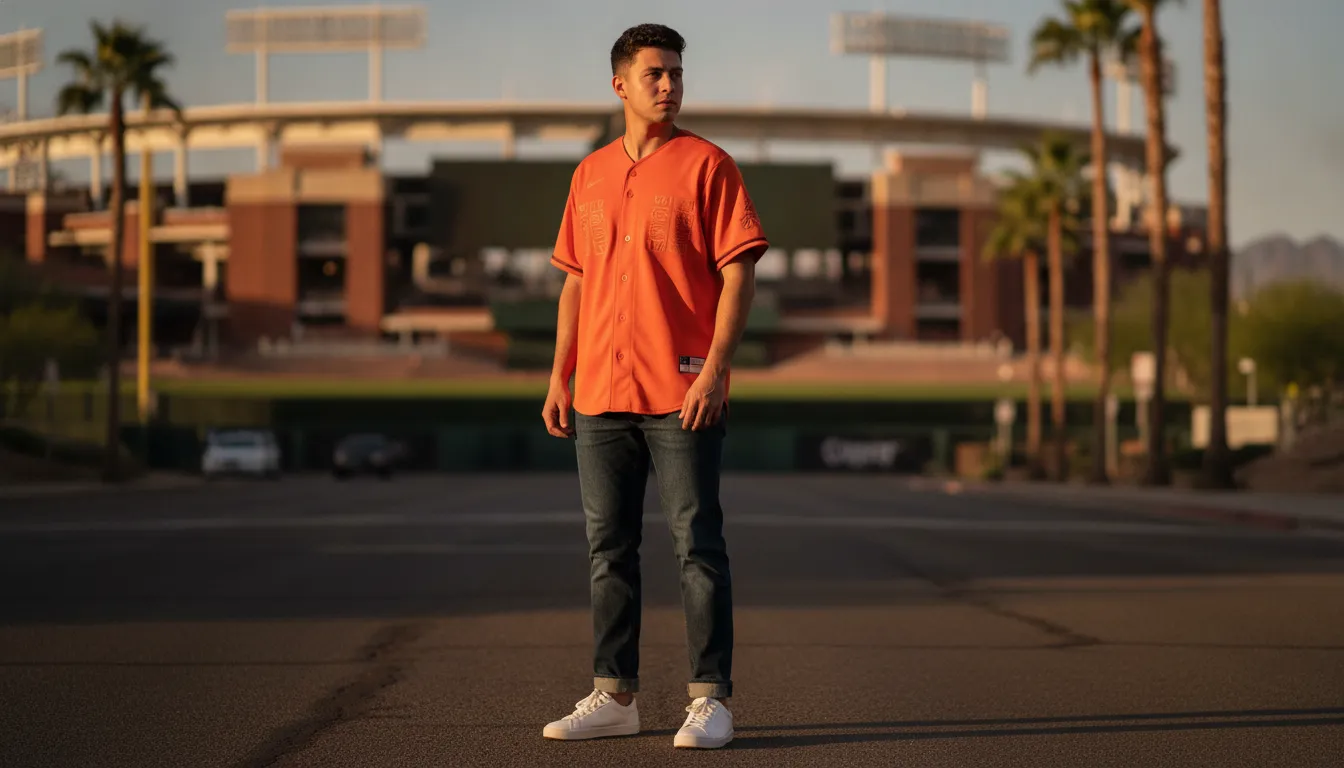 Man wearing a bright orange Sonora Naranja Mexican baseball jersey with jeans and sneakers outside a Phoenix ballpark