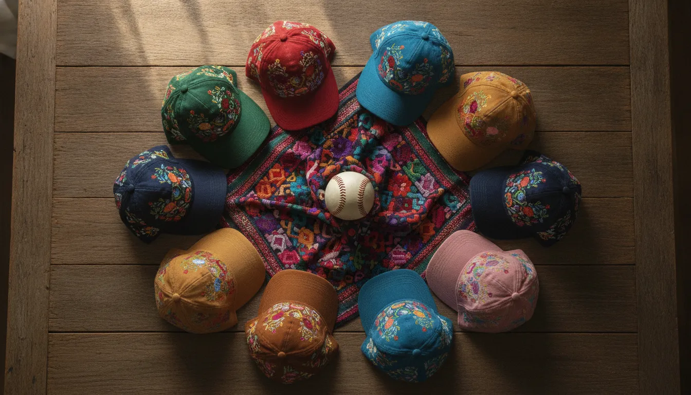 Embroidered beisbol caps in Mexican state colors laid out on a table with a baseball