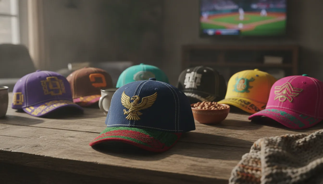 Collector flat-lay of premium embroidered Mexican baseball caps in regional state colors arranged on a wooden table