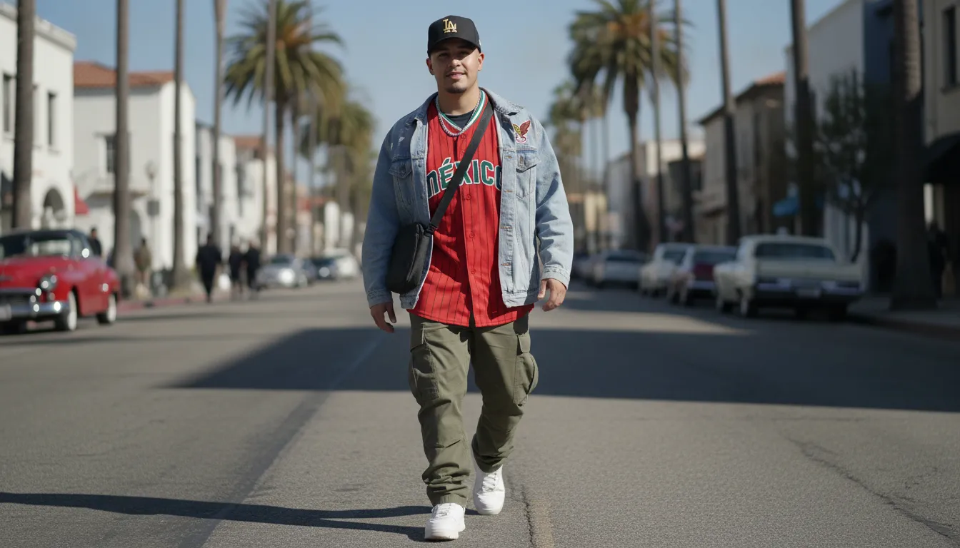 Mexican-American man styling a red Sinaloa baseball jersey in California