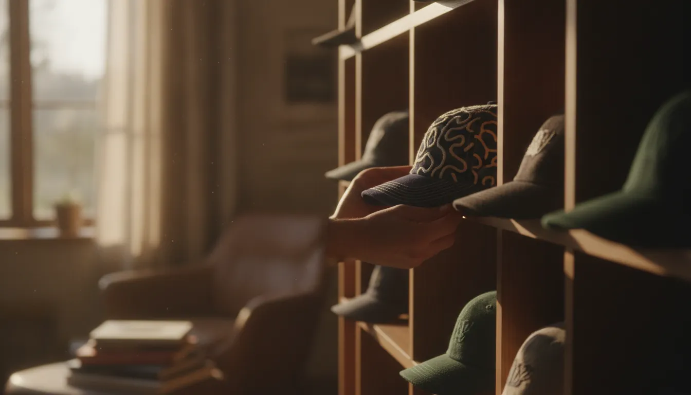 Hands placing a premium embroidered baseball cap onto a shelf display with other caps in a home collection