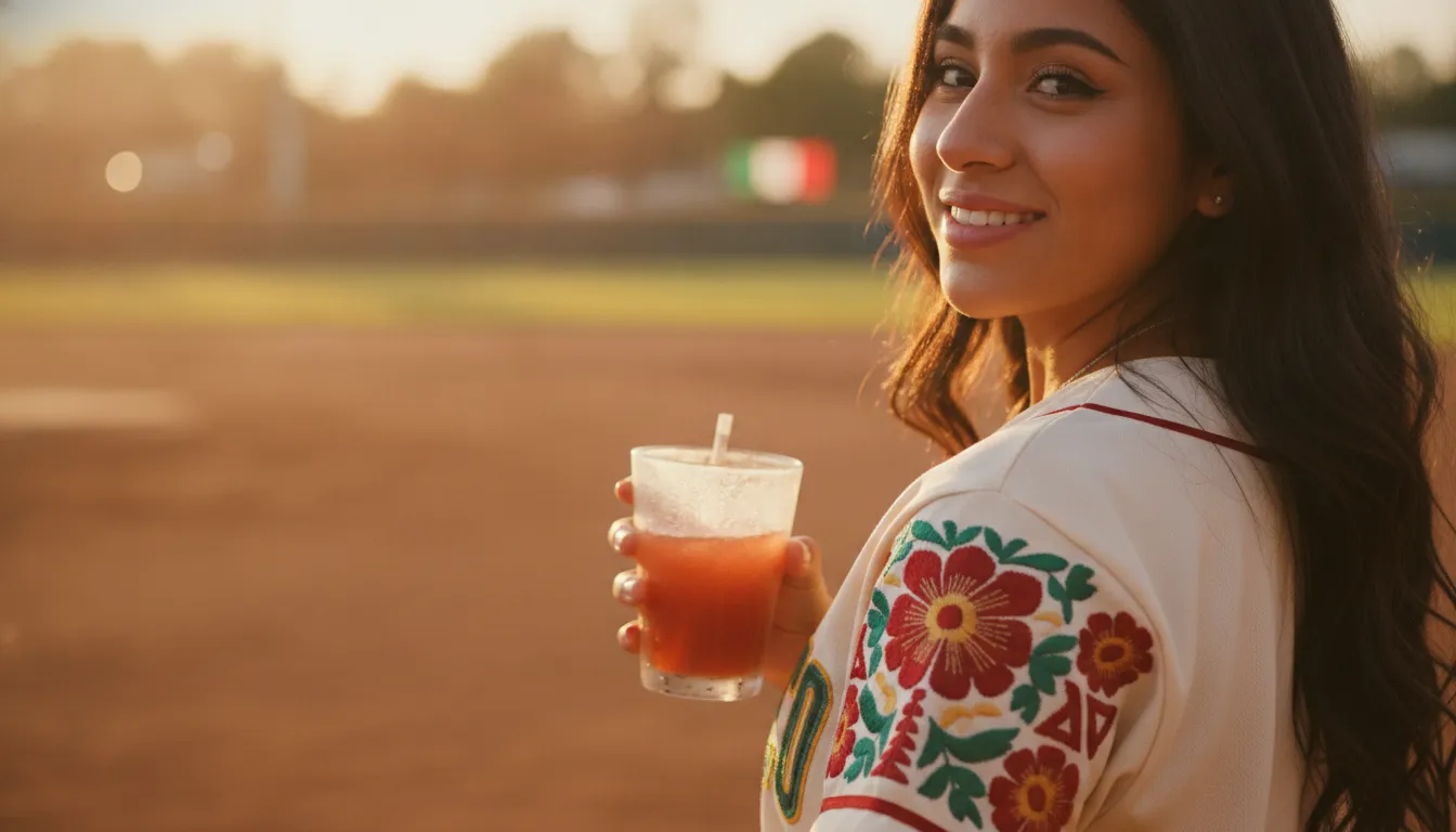 Mujer lucia un jersey de béisbol de Beisbol Dept con bordados mexicanos de estilo casual