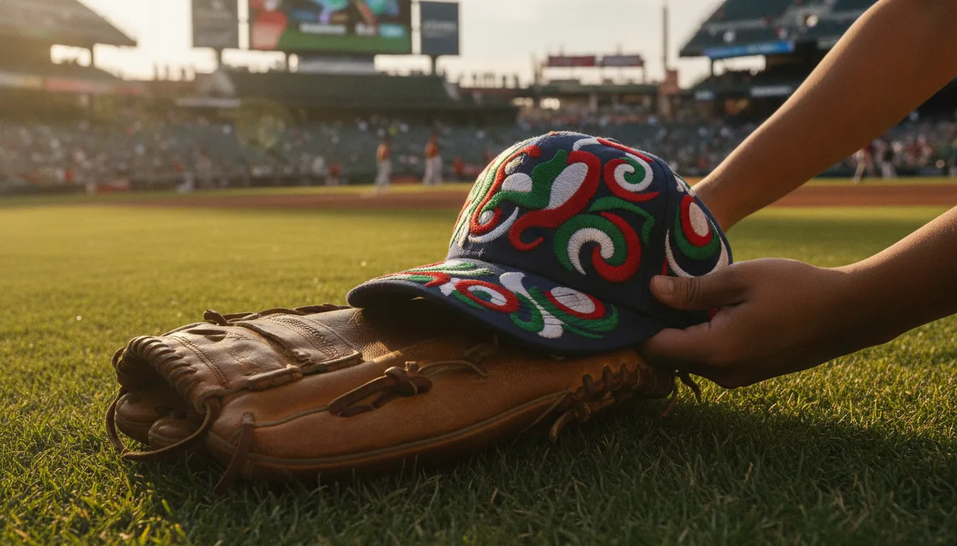 Fan wearing beisbol Gallo Fino collector hats at a baseball game with embroidered Mexican style
