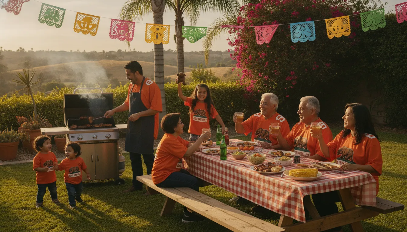 Multi-generational Mexican-American family wearing state pride baseball jerseys at a backyard celebration