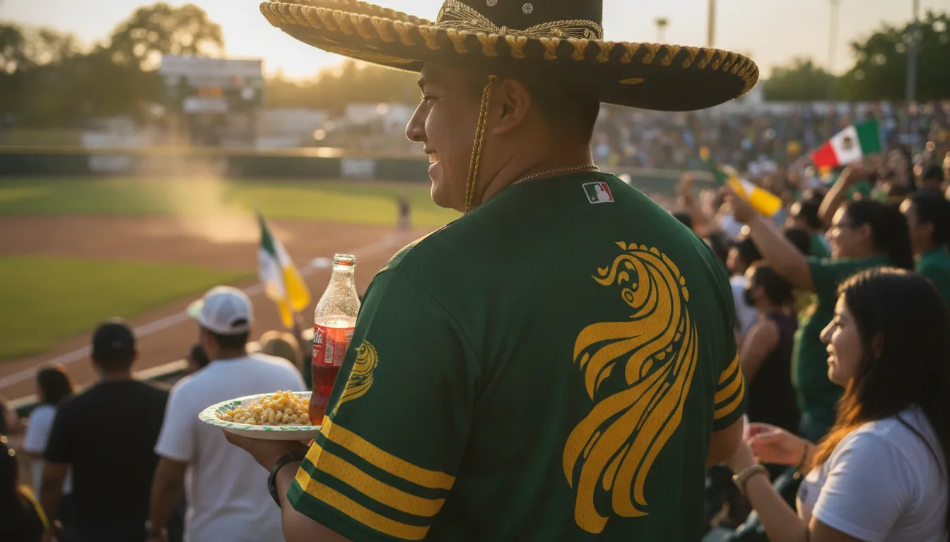 Fan wearing a Jalisco-inspired baseball jersey at a community ballpark