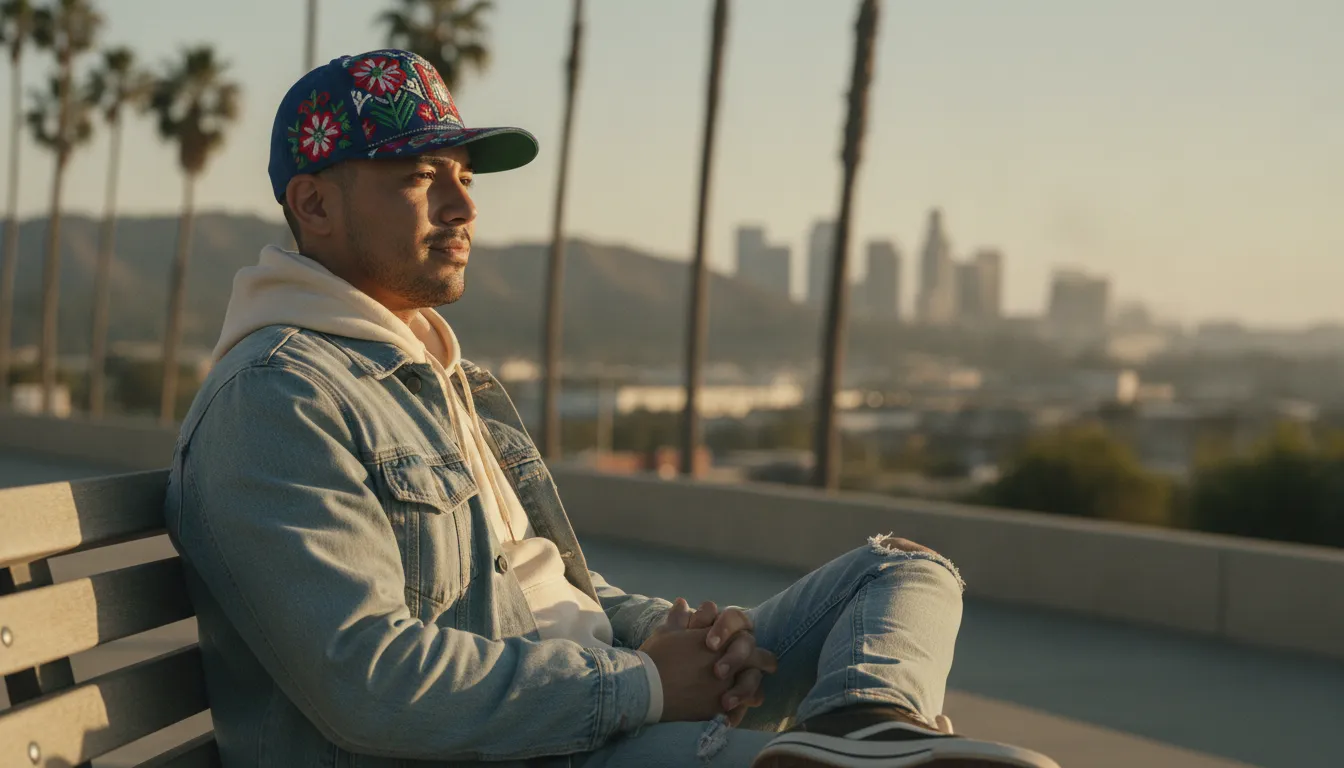 Mexican-style embroidered baseball hat in a Los Angeles streetwear setting