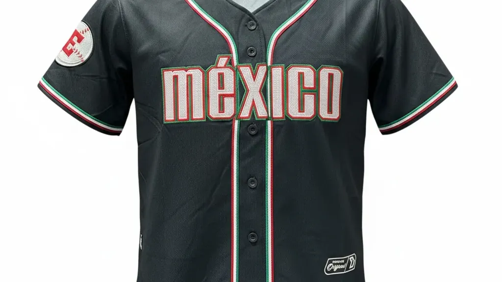 Mexican mundial jersey buyer checking the collar, trim, buttons, and embroidered Mexico details