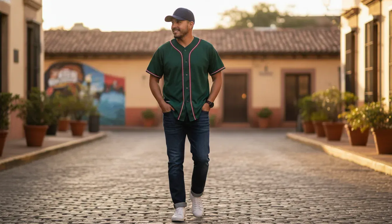 Retro green Mexico jersey styled with dark denim and a baseball cap for everyday wear