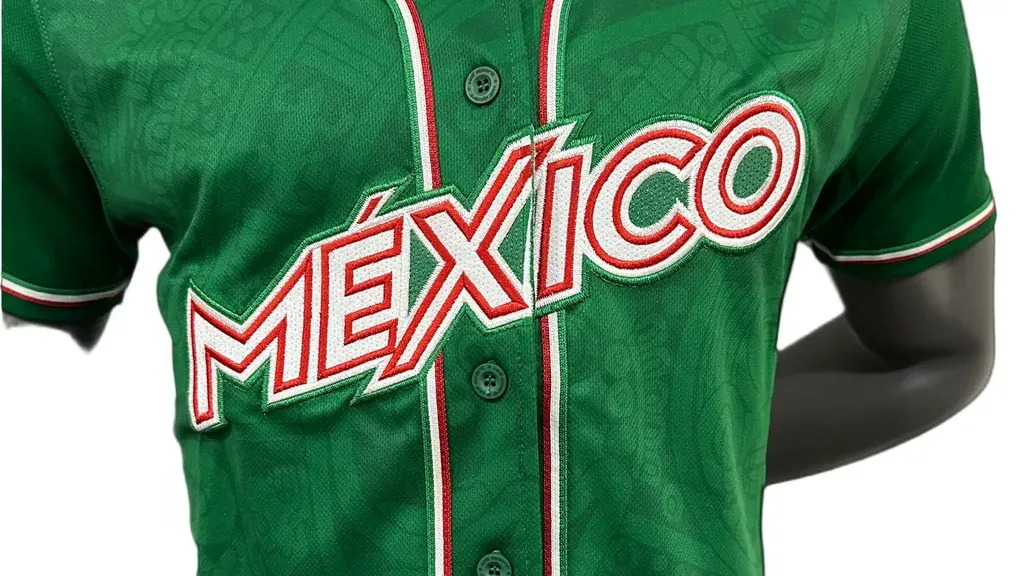 Close-up of Retro Green Mexico Jersey embroidery and red and white trim