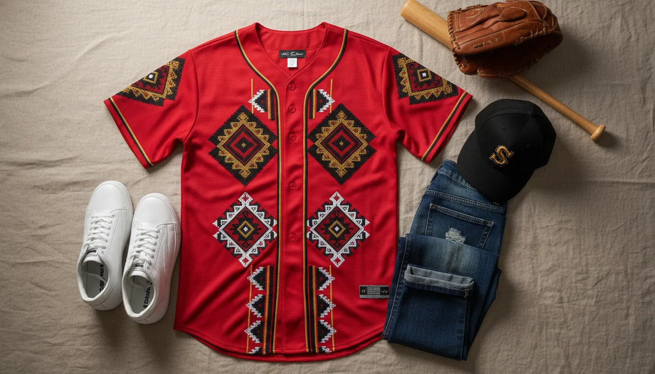 Sinaloa jersey styled with denim, sneakers, and Mexican baseball apparel details